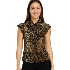 Leopard Print Sheer Ruffled Blouse – Size S - Short Sleeved Top